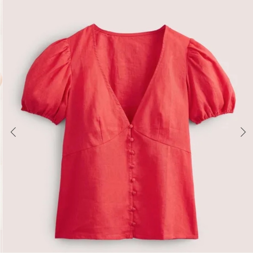 Boden Linen Coral-Red Puff-Sleeve V-Neck Button-Front Top - Picture 5 of 10